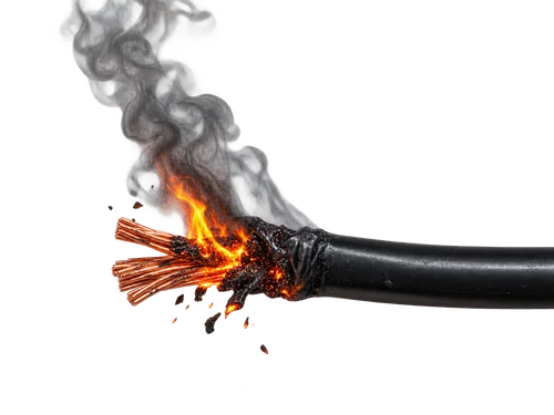 Extremo de un cable quemado, con el cobre expuesto entre humo y llamas